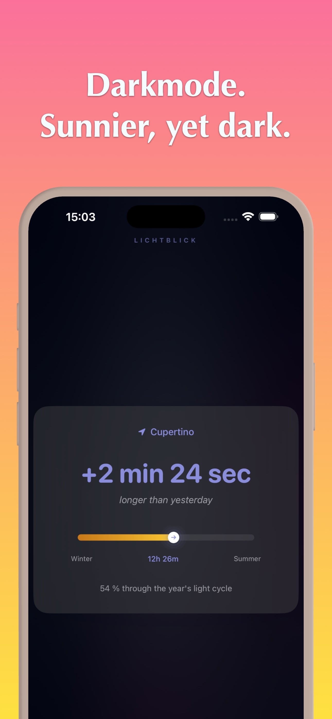 Lichtblick app in dark mode with deep tones and golden seasonal gauge